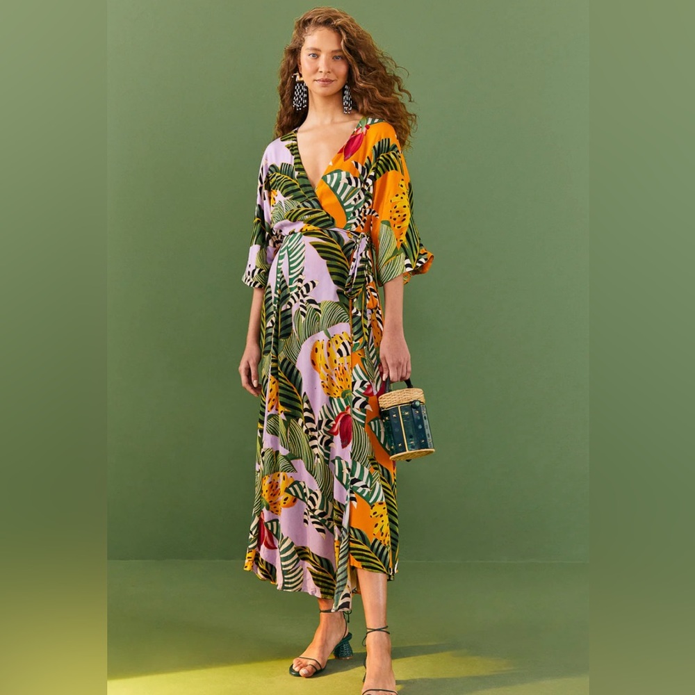 NEW FARM RIO Mixed Striped Bananas Maxi Wrap Dress